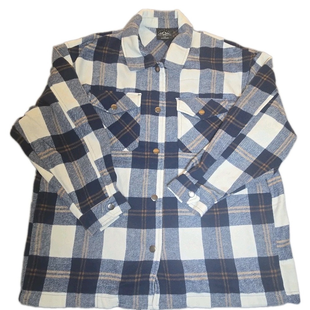 HFX Shacket Womens Large Blue White Plaid Fleece Flannel Snap Button Jacket
